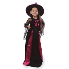 Fantasia Bruxinha Halloween Infantil de Luxo Vestido Longo com Chapéu 