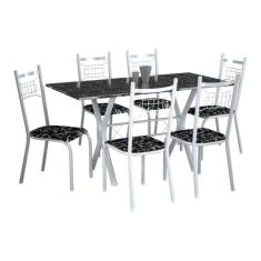 Conjunto de Mesa Miami Com 6 Cadeiras Lisboa Branco Liso E Preto Floral