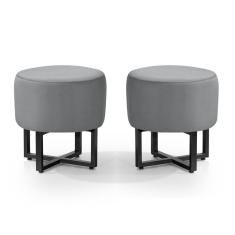 Kit 2 Banqueta Redonda Tecido Veludo Cinza Com Pes de Ferro Estilo Industrial Preto