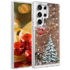 Changjia Capa de Natal com glitter para Samsung Galaxy S22 Ultra, linda árvore de Natal, alce, líquido, movendo-se, brilhante, TPU (poliuretano termoplástico) transparente, à prova de choque, capa