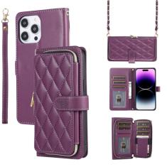 Capa carteira para iPhone 15 Pro, bolsa flip de couro com zíper com suporte para cartão, capa de telefone à prova de choque com fivela magnética com corda de mão e corrente de couro para mulheres