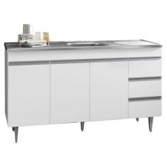 Balcão Gabinete com Pia Inox 150cm 3 Portas 3 Gavetas Andréia Branco -