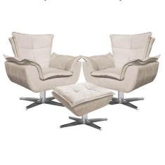 Kit 2 Poltronas Decorativas Base Giratória Cromada com Puff Opla Suede