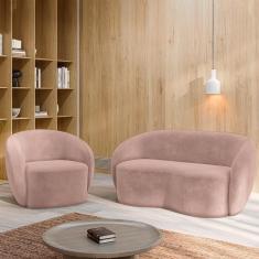 Conjunto 1 Sofá Living 180cm E 1 Poltrona íbis Encosto Fixo Veludo Rosê G33 - Gran Belo