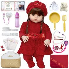 Boneca Bebe Reborn Menina Vestido Vermelho + Itens - Cegonha Reborn Do