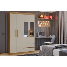 Guarda Roupa Solteiro Zeus 4 Portas de Abrir 2 Gavetas MDP com Espelho Amêndoa-Off White Lopas