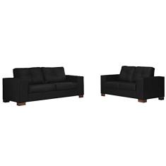 Conjunto Sofá Sala de Estar kenny Pés Madeira Couro Preto - Gran Belo