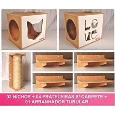Kit 02 Nichos Gatos + 04 Prateleiras+ 01 Arranhador - Cj 07 pçs