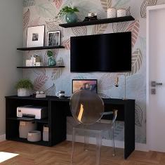 Conjunto Home Office com Escrivaninha, Estante Baixa e 3 Prateleiras Bramov Preto