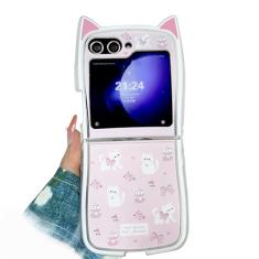 GO-VOLMON Capa feminina Kawaii para Samsung Galaxy Z Flip 5 design de orelhas de gato, capa fofa de desenho animado para Galaxy Z Flip 5 capa em forma de gatinho TPU macio, capa criativa engraçada