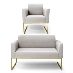 Sofá Namoradeira Com Poltrona Base Industrial Dourado Marisa Veludo Cinza D03 - D'rossi