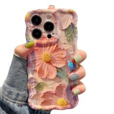 UEEBAI Capa de flor para iPhone 13 Pro, capa de telefone feminina com pintura a óleo retrô colorida linda estampa brilhante capa ondulada fofa floral brilhante para mulheres e meninas, rosa