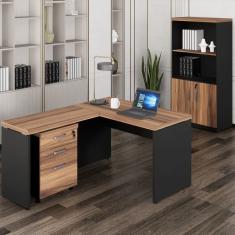 Mesa de Escritório em L com Gaveteiro e Armário Estante Espresso Móveis Marrom/Preto