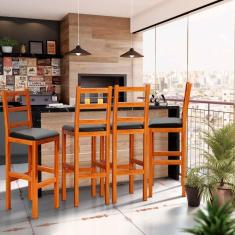 Kit 4 Banquetas Para Bancada Madeira Maciça Assento Estofado Preto Gal Shop JM