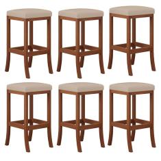 Kit 6 Banquetas Alta Estofada Barcelona 38x74Cm Bancada Bar Madeira Maciça Castanho Suede Bege - CCS