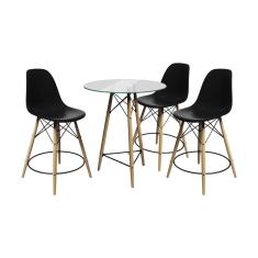 Conjunto Mesa Bistrô Eames Eiffel Vidro com 3 Banquetas Pretas de Madeira