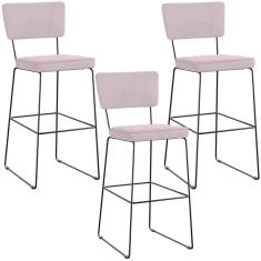 Kit 03 Banquetas Alta Para Cozinha Sala De Jantar Base Em Aço Allana L02 Suede Rosê