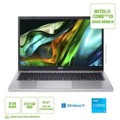 Notebook Acer Aspire 3 Intel Core i3 N305 UHD Intel  8GB RAM 512GB SSD Windows 11 15.6&quot;