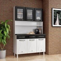 Armário para Cozinha 6 Portas 3 Gavetas com Tampo e Vidro Star New Telasul Branco/Preto