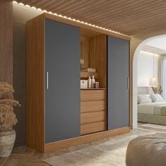 Guarda Roupa Solteiro com Espelho 2 Portas de Correr 4 Gavetas Itália Yescasa Amêndola/Grafito Prime TX