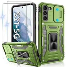 Gritup Capa para Galaxy-S21 com capa deslizante para câmera + [2 protetores de tela HD], suporte de anel giratório de metal 360°, capa protetora à prova de choque de grau militar para Samsung Galaxy