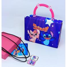 Kit Bolsa Infantil Mini Bag Cute Alça Pérola Personagem Disney Stitch e Lilo Angel + Colar Duplo Amizade Best Friends
