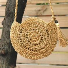 Bolsa Feminina Crossbody Palha Moda Praia Redondo Pendão Bag - Bali, C