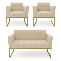 Kit 1 Sofá Namoradeira e 2 Poltronas Elisa Suede Bege Base Metálica Industrial Dourado D03 - D'Rossi