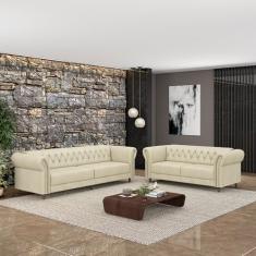 Conjunto de Sofá Sala de Estar Stanford Chesterfield 2 e 3 Lugares 180cm/240cm Pés Madeira Couro Off White G58 - Gran Belo
