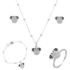 Conj. Colar Pulseira Brinco Anel Infantil Minie Pedra Prata - Lojas La