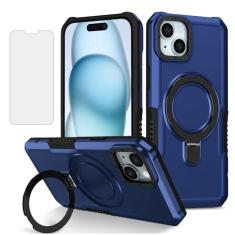 Dibosom Capa de telefone para iPhone 15 de 6,1 polegadas com protetor de tela de vidro temperado, anel de metal resistente, suporte de TPU (poliuretano termoplástico) fino e fino para celular para
