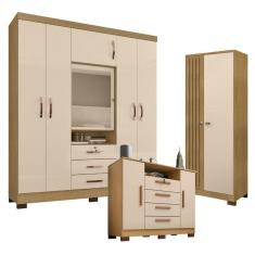 Guarda Roupa Casal Imperial e Cômoda Madri com Armário Multiuso Versatile Carvalho Americano Off White - Incorplac