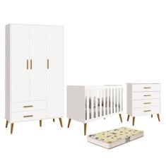 Dormitório Infantil Isis Guarda Roupa 3 Portas, Cômoda E Berço Branco Com Colchão D18 - Reller Móveis Branco