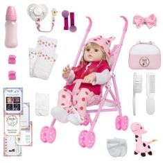 Boneca Estilo Reborn Baby Girafinha Loira 46cm Com Carrinho - Cegonha 