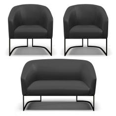 Sofá Namoradeira E 2 Poltronas Base Industrial Preto Stella Corino D03 - D`rossi Cor Preto