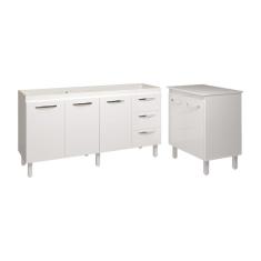 Armário Cozinha Balcão Gabinete De Pia 160 Cm Estela E Balcão Jane Para Microondas Ou Forno Elétrico Branco