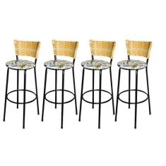 Jogo 4 Banqueta Alta Para Cozinha Ratan Palha Preta Estofado Floral - 