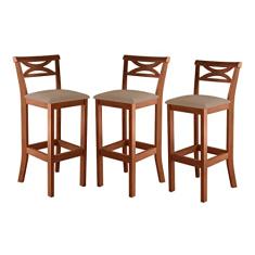 Kit 3 Banquetas de Madeira para Bancada Gourmet Suede Bege