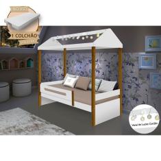Cama Montessoriana Infantil Sara Solteiro Com Led E Colchão Divaloto - Branco/Amêndoa - Cor: Branco