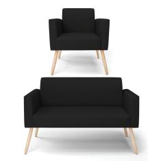 Sofá Namoradeira Com Poltrona Pés Palito Natural Marisa Linho D03 - D\`rossi Cor A79 Preto