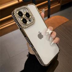 Capa de telefone com strass de diamante transparente galvanizado para iPhone 14 11 12 13 15 Pro Max Capa transparente de silicone, dourada, para iPhone 14 Pro
