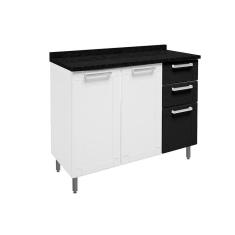 Balcão de Cozinha Múltipla 6114 3 Portas 2 Gavetas c/Tampo 105cm Branco/Preto - Bertolini
