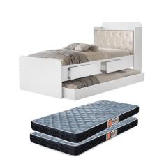 cama bicama solteiro tamires com capitone estofado auxiliar prateleira