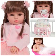 Boneca Bebê Reborn Menina 100% Vinil Vestido Coração Rosa