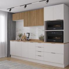 Cozinha Modulada 5 Peças com Tampo 2 Aéreos 2 Balcões e 1 Torre Quente Ipanema Cabecasa Madeiramadei Branco/acácia