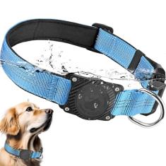 OKVSKO Coleira para cães AirTag, suporte de etiqueta de ar à prova d'água, acolchoada refletiva confortável, coleira ajustável para cães pequenos, médios e grandes, resistente, azul sem capa luminosa,