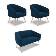 Kit 1 Sofá Namoradeira e 2 Poltronas Stella Bouclê Pés Palito Natural - D`Rossi