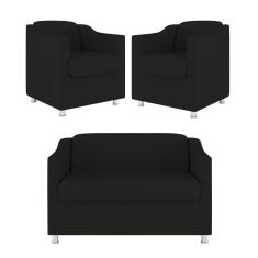 Kit Sofá Namoradeira + 02 Poltrona Tilla Recepção Sala Suede preto