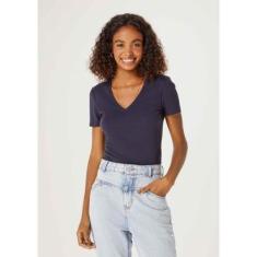 Blusa Básica Feminina Decote V Com Elastano - Azul M-Feminino