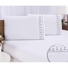 Jogo lençol king bordado 3 peças branco cinza tulipa quarto